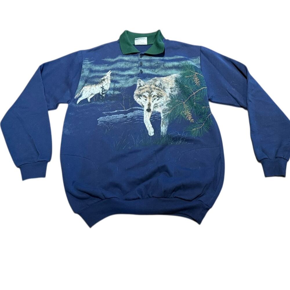 Vintage Artisans Blue Button Neck Sweatshirt Wolf Print Front & Back XL Made USA